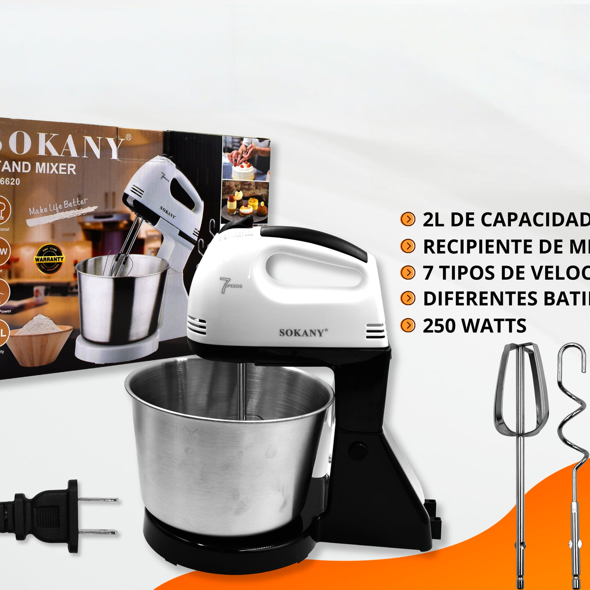 Batidora eléctrica taiwanesa con bol de acero inoxidable, 7 velocidades, capacidad de 2 l, potencia de 250 W: perfecta para batir, mezclar y amasar.